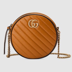 Gucci GG Marmont Mini Round Bag In Cognac Diagonal Leather