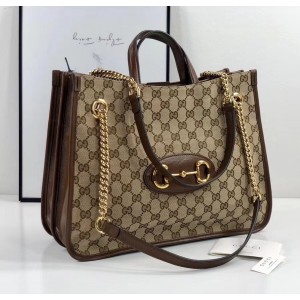 Gucci Horsebit 1955 Medium Tote Bag In Canvas with Brown Trim