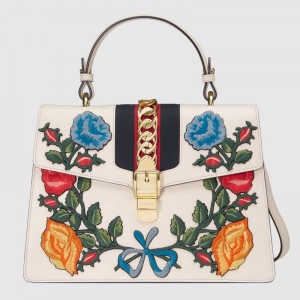 Gucci White Flower Sylvie Medium Top Handle Bag