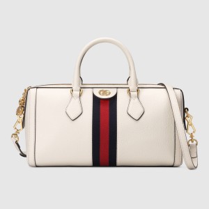 Gucci White Leather Ophidia Medium Boston Bag