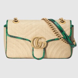 Gucci Raffia GG Marmont Small Shoulder Bag With Green Snakeskin Trim