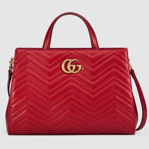 Gucci Red GG Marmont Medium Matelasse Top Handle Bag