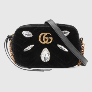 Gucci Black Velvet GG Marmont Mini Crystals Bag