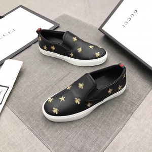 Gucci Men's Black Leather Slip-on Sneaker With Bees