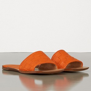 Bottega Veneta Intrecciato Slides In Orange Nappa Leather