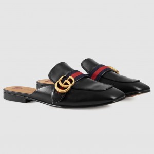 Gucci Black Leather Slippers With Signature Web