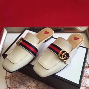 Gucci White Leather Slippers With Signature Web