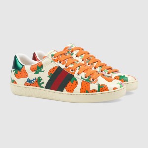 Gucci Women Ace Sneaker With Gucci Strawberry Print