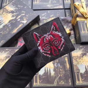 Gucci Black Wolf Print GG Supreme Bi-fold Wallet