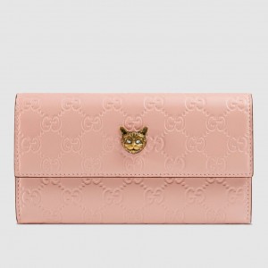 Gucci Continental Wallet With Cat In Pink Signature Leather