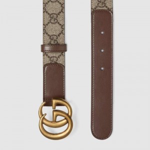 GG Beige/ebony GG Supreme and brown leather belt with Double G buckle