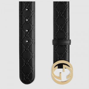 Gucci Black Gucci Signature leather with black leather detail belt