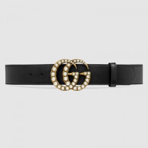 Gucci Black Leather belt with pearl Double G