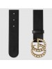 Gucci Black Leather belt with pearl Double G